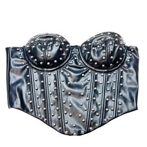 Windsor Halter Corset Top Small Black Leather Strapless Metal Studded All Over
